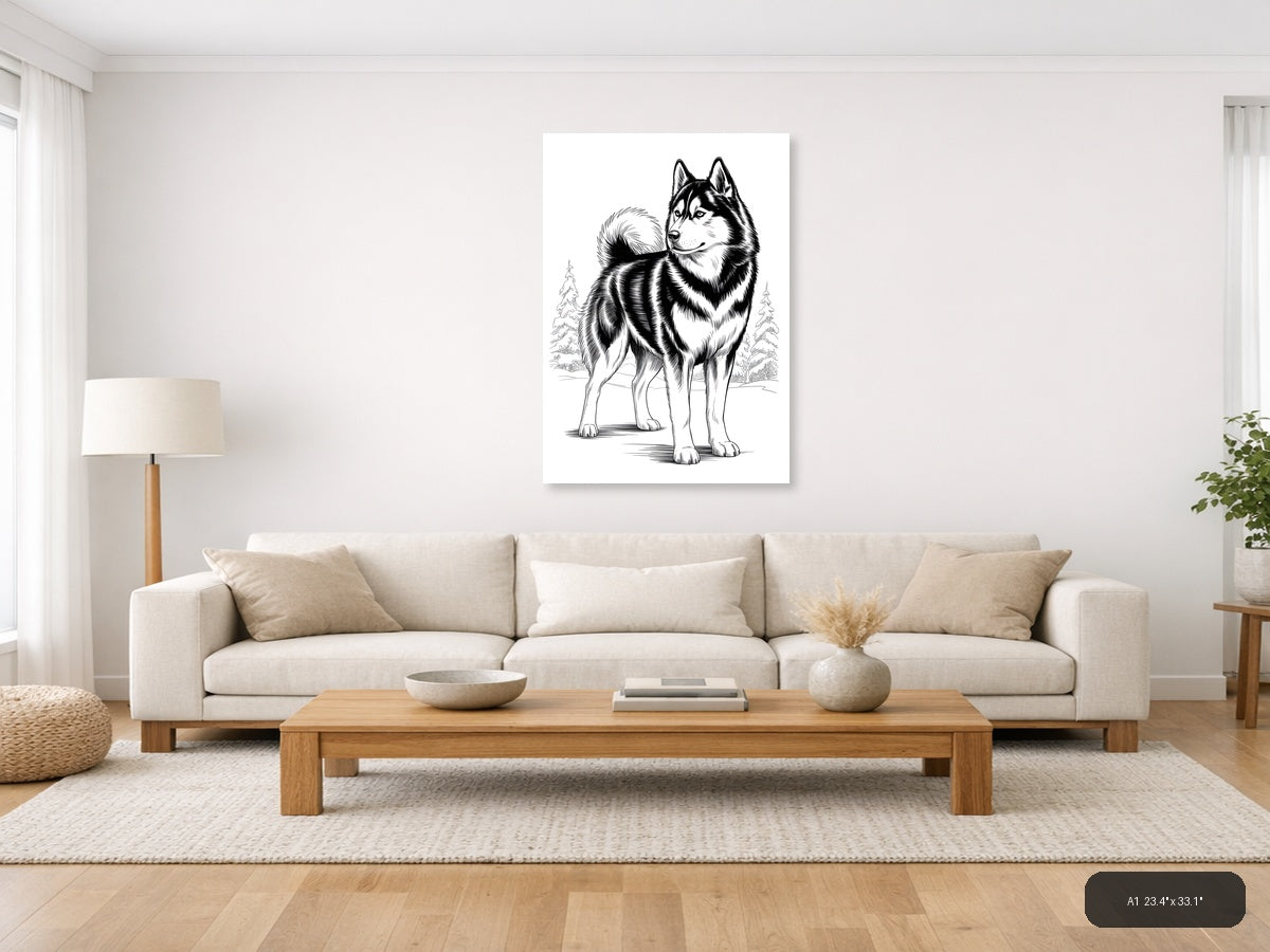 Husky Portrait Line Art Drawing - Black & White Wall Art — A1 / Living Room