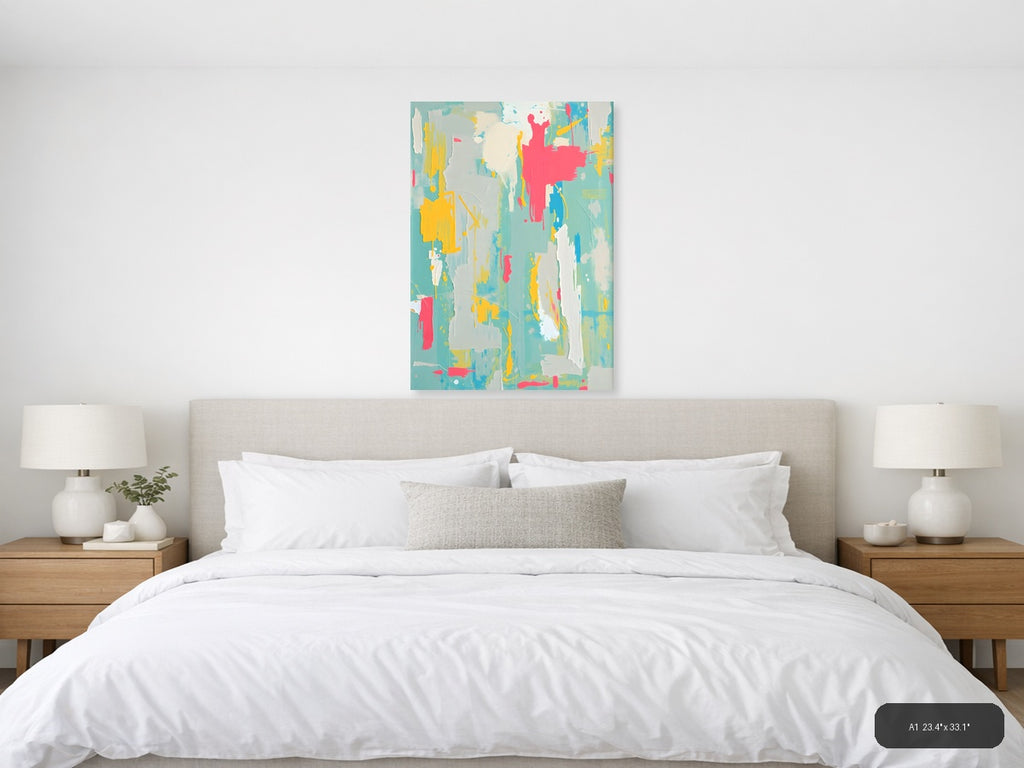 Vibrant Abstract Splatter Turquoise Yellow Pink Wall Art — A1 / Bedroom