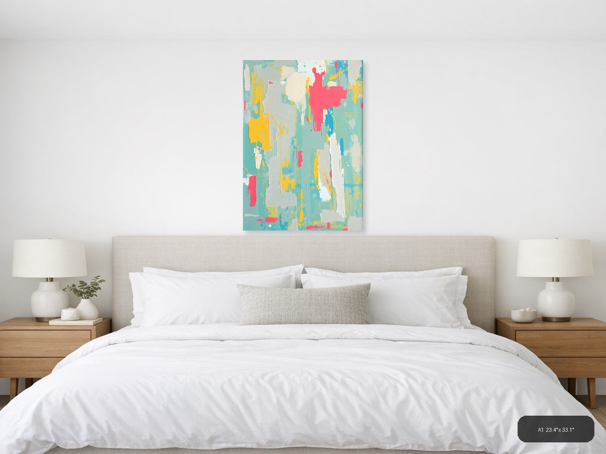 Vibrant Abstract Splatter Turquoise Yellow Pink Wall Art — A1 / Bedroom