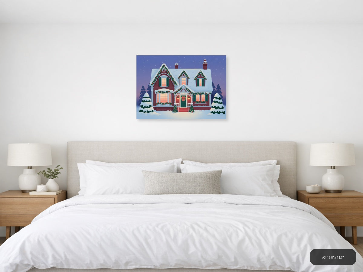 Vintage Christmas House Snow Scene Landscape Wall Art — A3 / Bedroom
