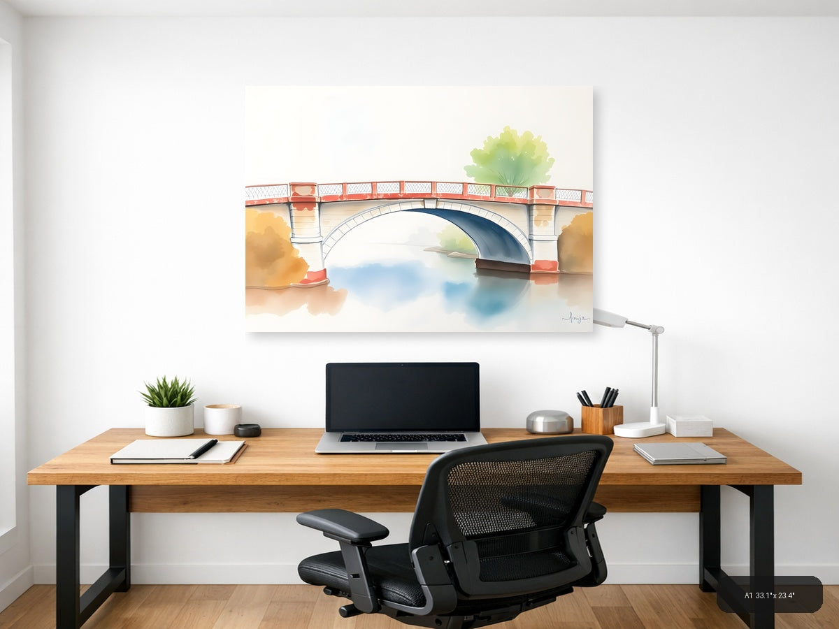 Watercolor Bridge Over Calm Water - Landscape Wall Art — A1 / Office