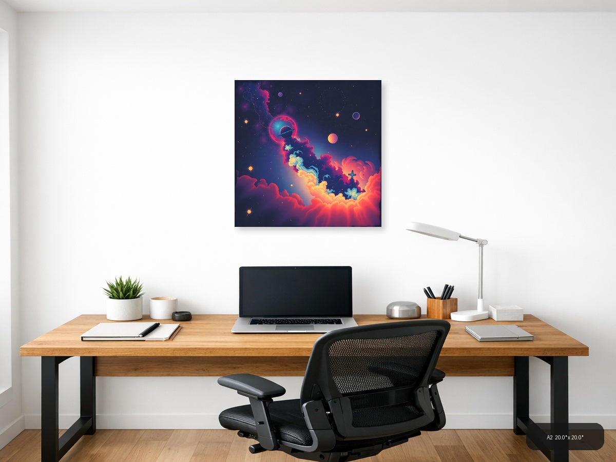 Vintage Cosmic Space Scene with Planet & Cross Wall Art — A2 / Office