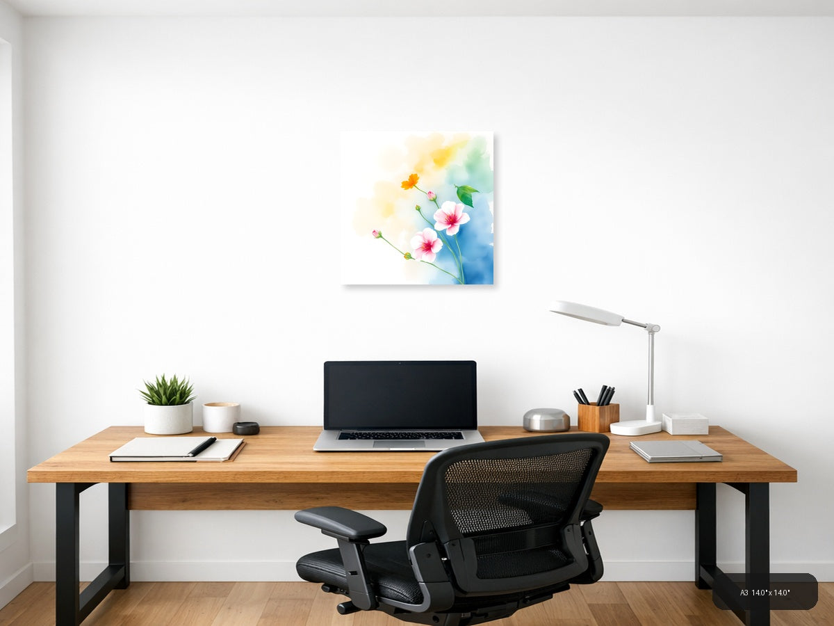 Watercolor Pink & Yellow Flowers on Blue Wall Art — A3 / Office