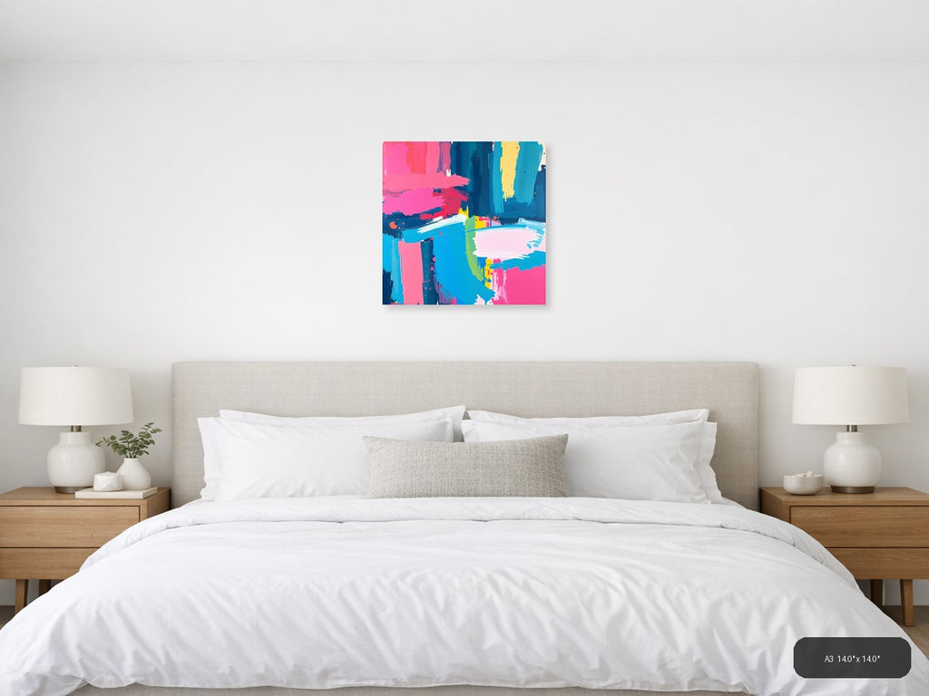 Vibrant Abstract Brushstrokes Cyan Pink Yellow Wall Art — A3 / Bedroom