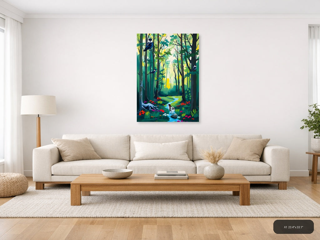 Forest Stream with Birds Abstract Wall Art — A1 / Living Room