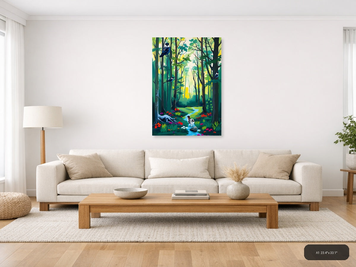 Forest Stream with Birds Abstract Wall Art — A1 / Living Room