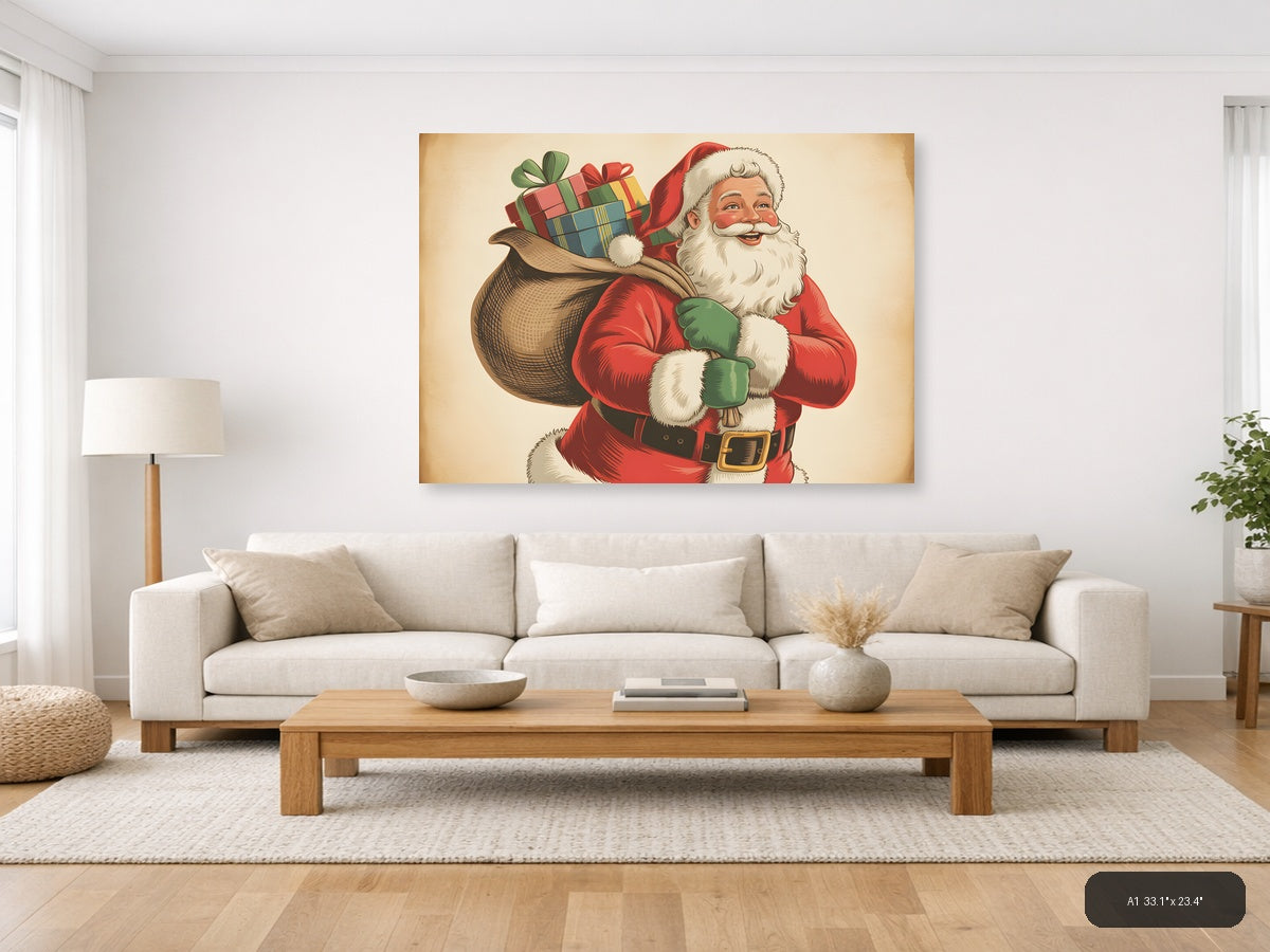 Vintage Santa Claus with Gifts Illustration Wall Art — A1 / Living Room