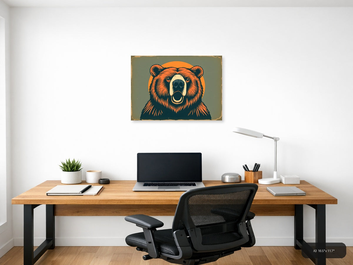 Vintage Bear Head Portrait Orange & Teal Wall Art — A3 / Office