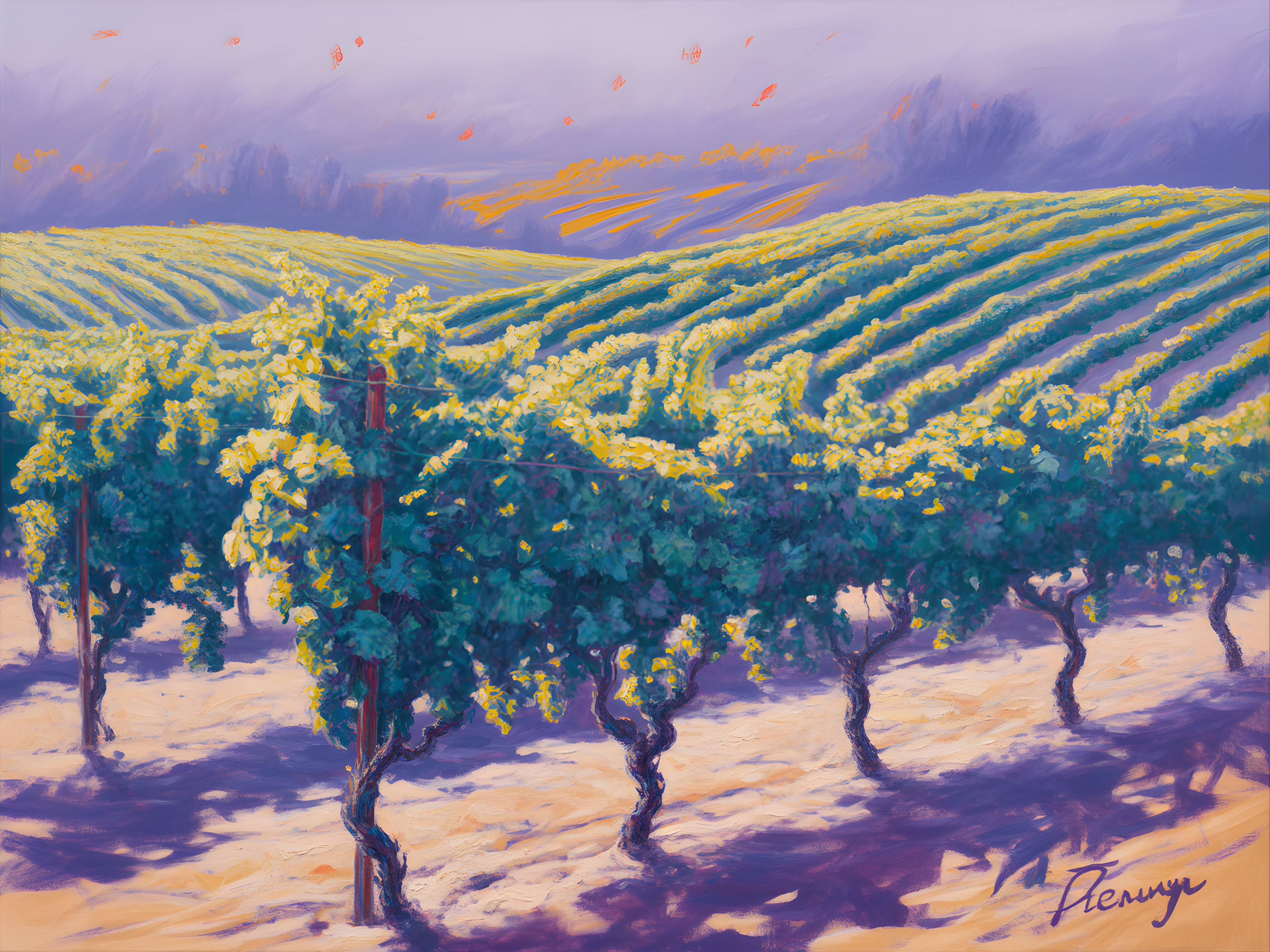 Vineyard Landscape Purple Sky Abstract Wall Art