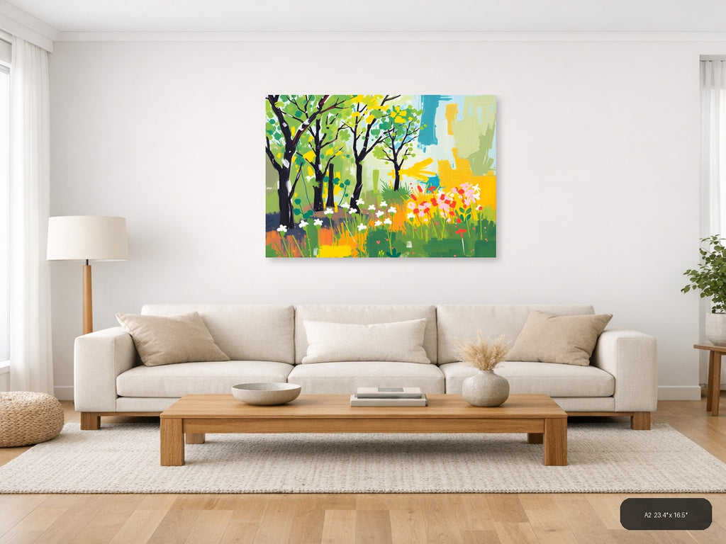 Spring Garden with Black Trees Abstract Wall Art — A2 / Living Room