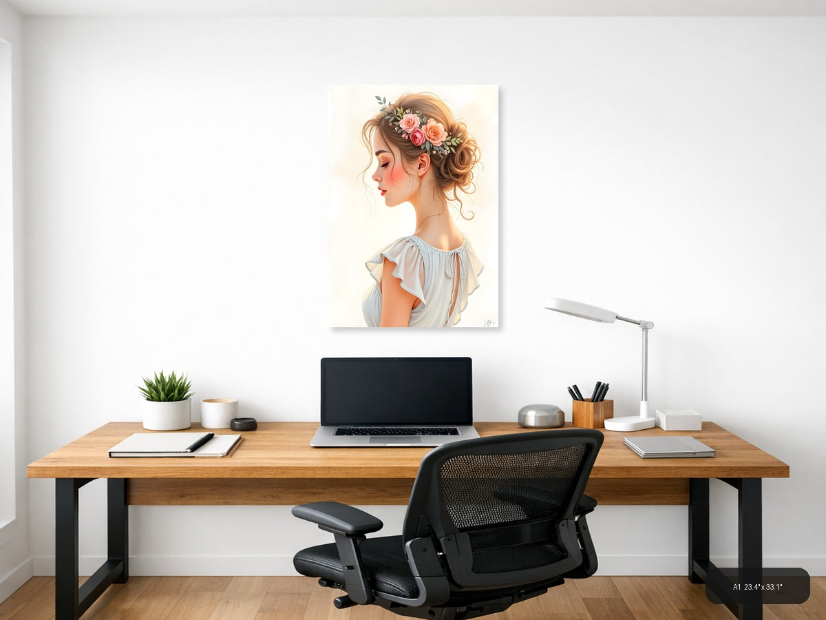 Elegant Woman with Floral Crown Watercolor Wall Art — A1 / Office