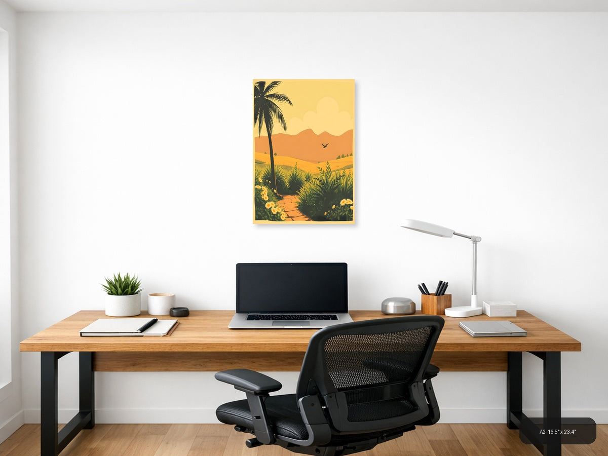 Vintage Desert Landscape with Palm Tree Wall Art — A2 / Office
