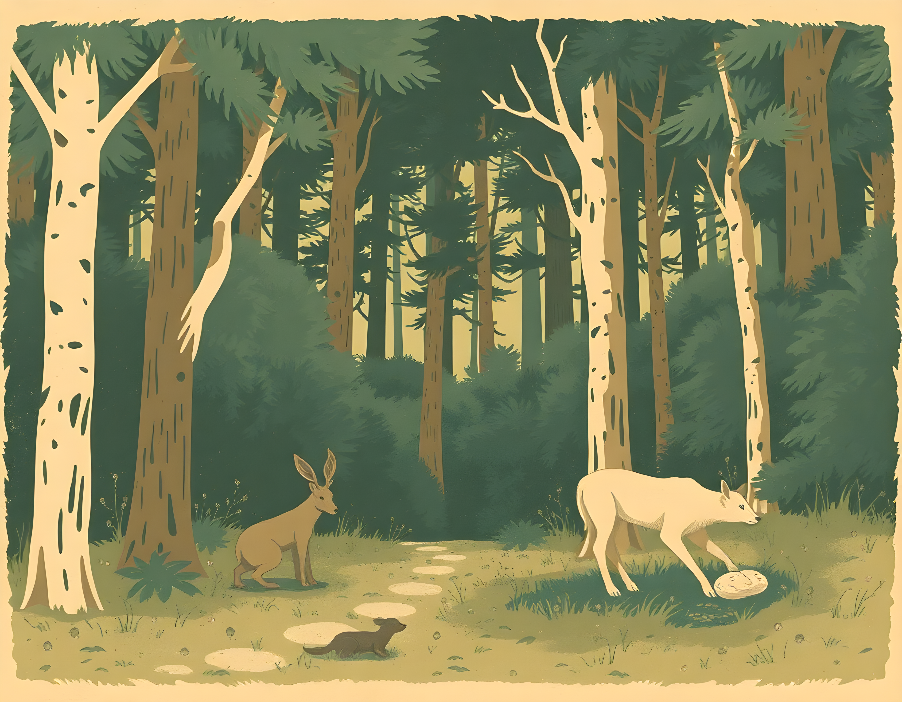 Vintage Forest Wildlife Landscape Wall Art