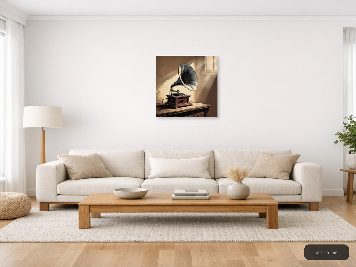 Vintage Gramophone with Sunlit Window Wall Art — A3 / Living Room
