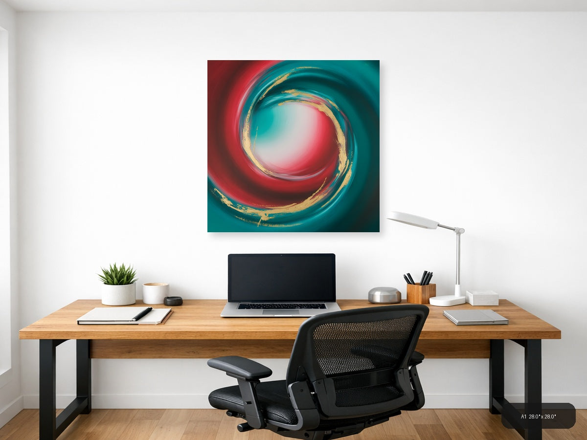 Teal Red Gold Spiral Abstract Modern Wall Art — A1 / Office