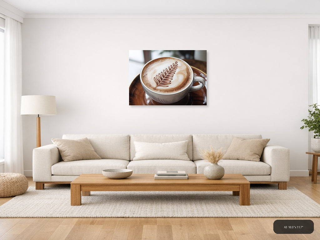 Latte Art Fern Leaf Line Art Coffee Wall Art — A3 / Living Room