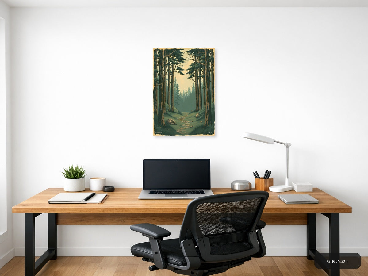 Vintage Forest Path Through Tall Trees Wall Art — A2 / Office