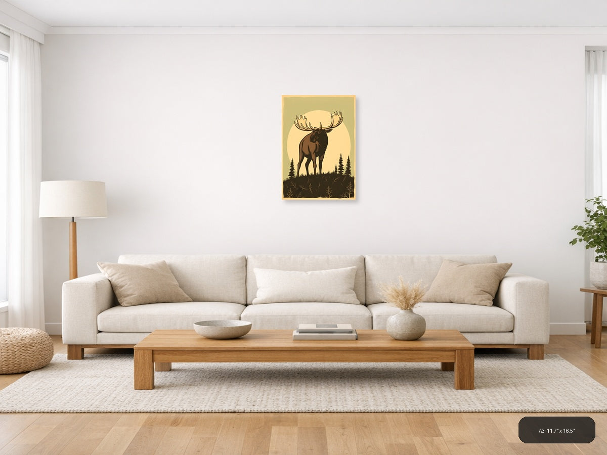 Vintage Moose Silhouette Moon Forest Wall Art — A3 / Living Room