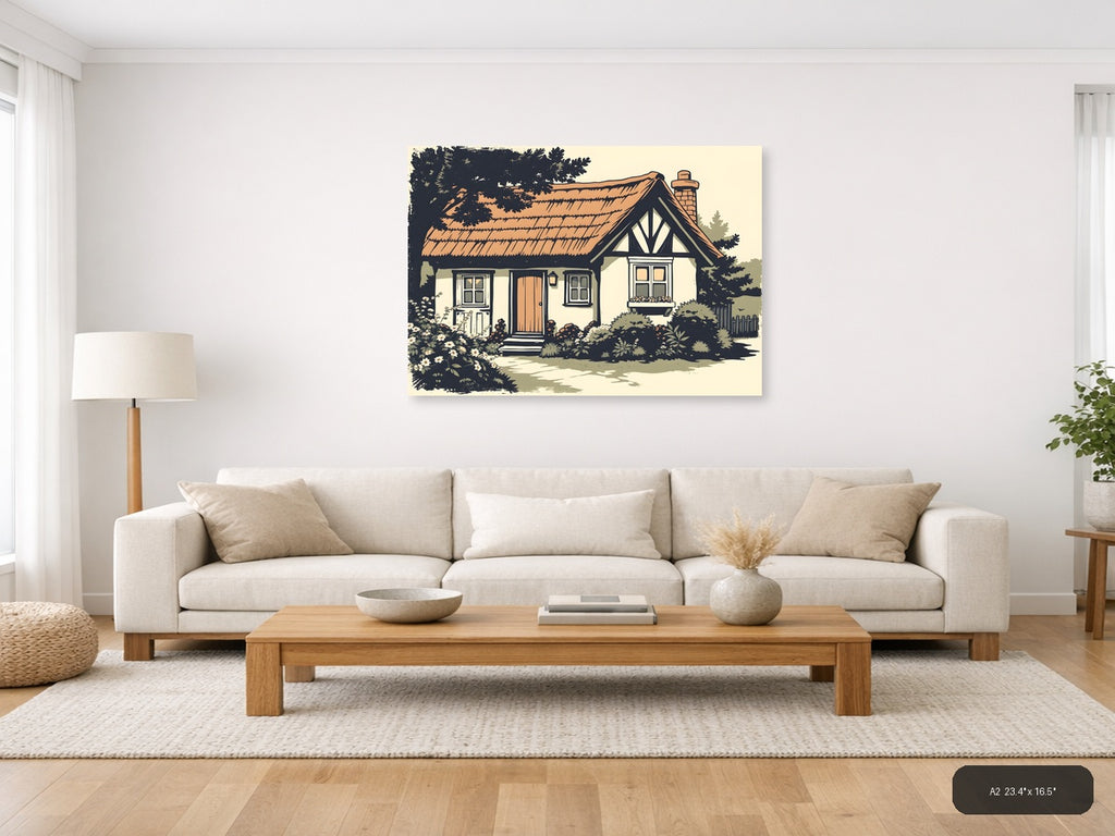 Vintage Cottage House with Garden - Landscape Wall Art — A2 / Living Room