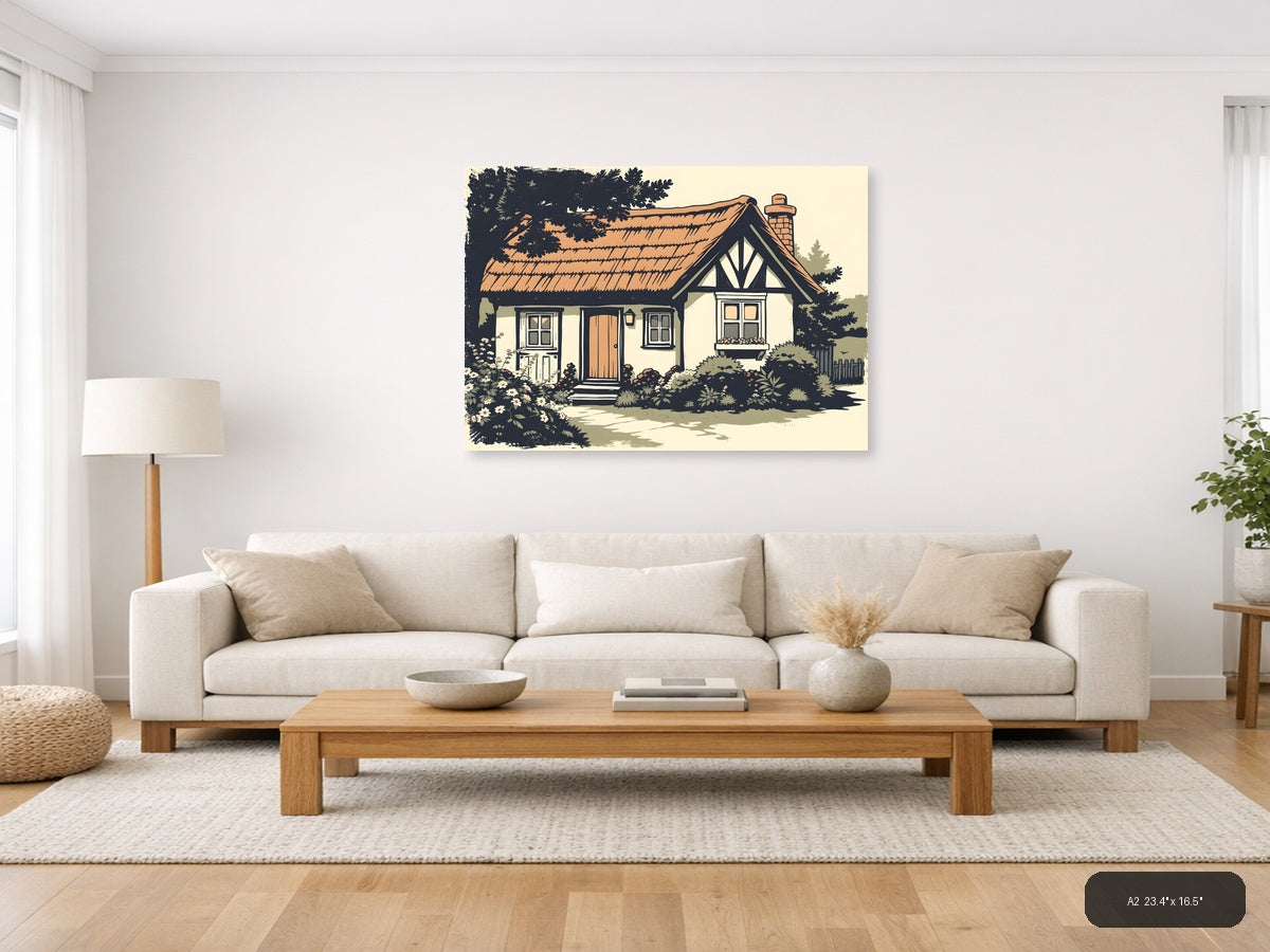 Vintage Cottage House with Garden - Landscape Wall Art — A2 / Living Room