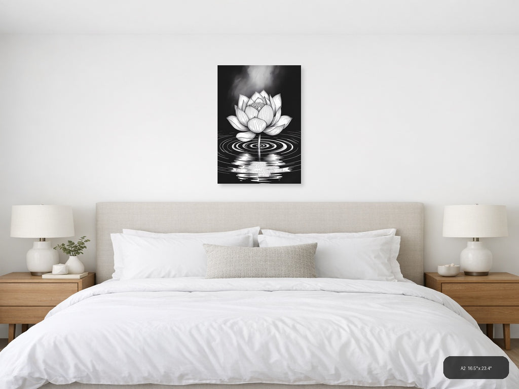 Lotus Flower Ripples Black & White Line Art Wall Art — A2 / Bedroom