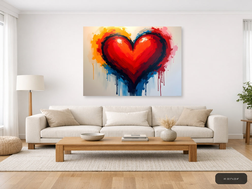 Abstract Red Heart with Colorful Drip Abstract Wall Art — A1 / Living Room