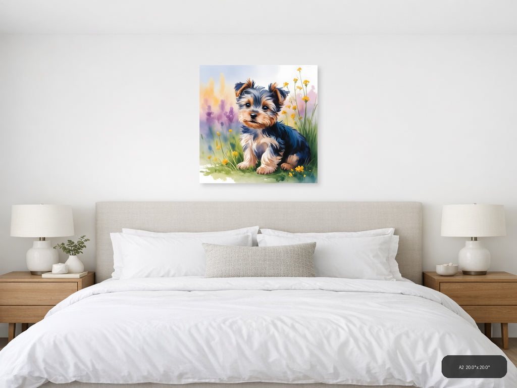 Adorable Puppy with Yellow Flowers Watercolor Wall Art — A2 / Bedroom