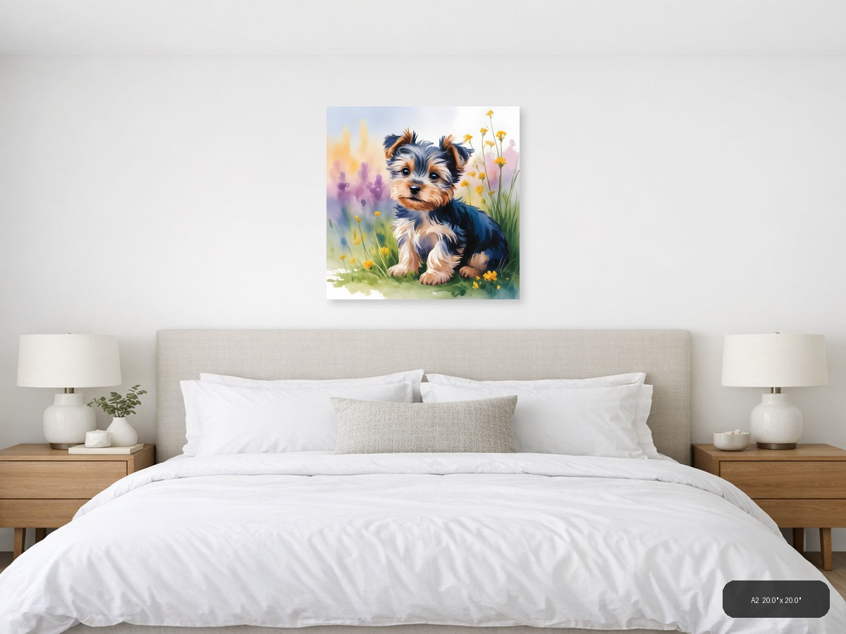 Adorable Puppy with Yellow Flowers Watercolor Wall Art — A2 / Bedroom
