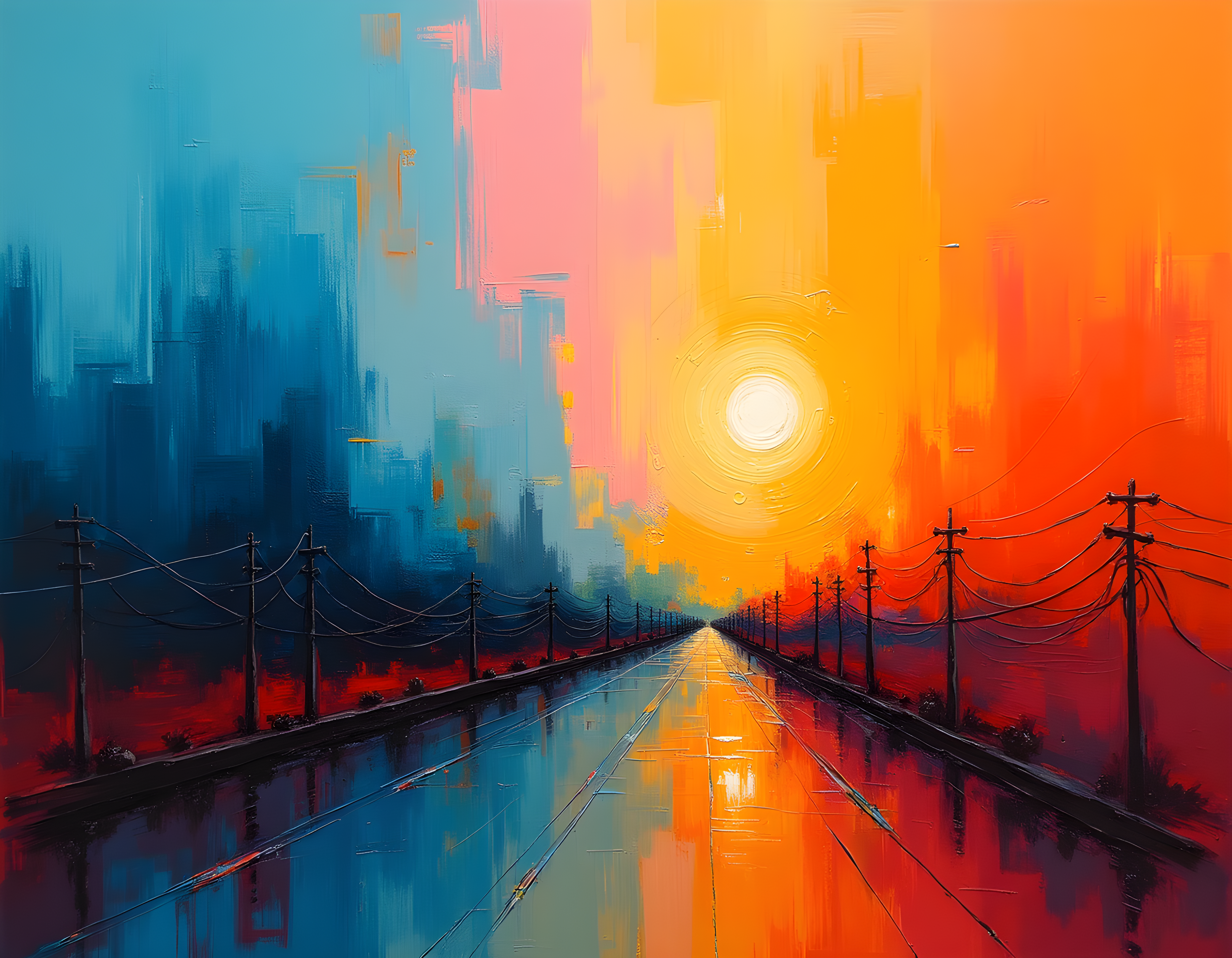 Abstract Sunset Highway with Power Lines Wall Art