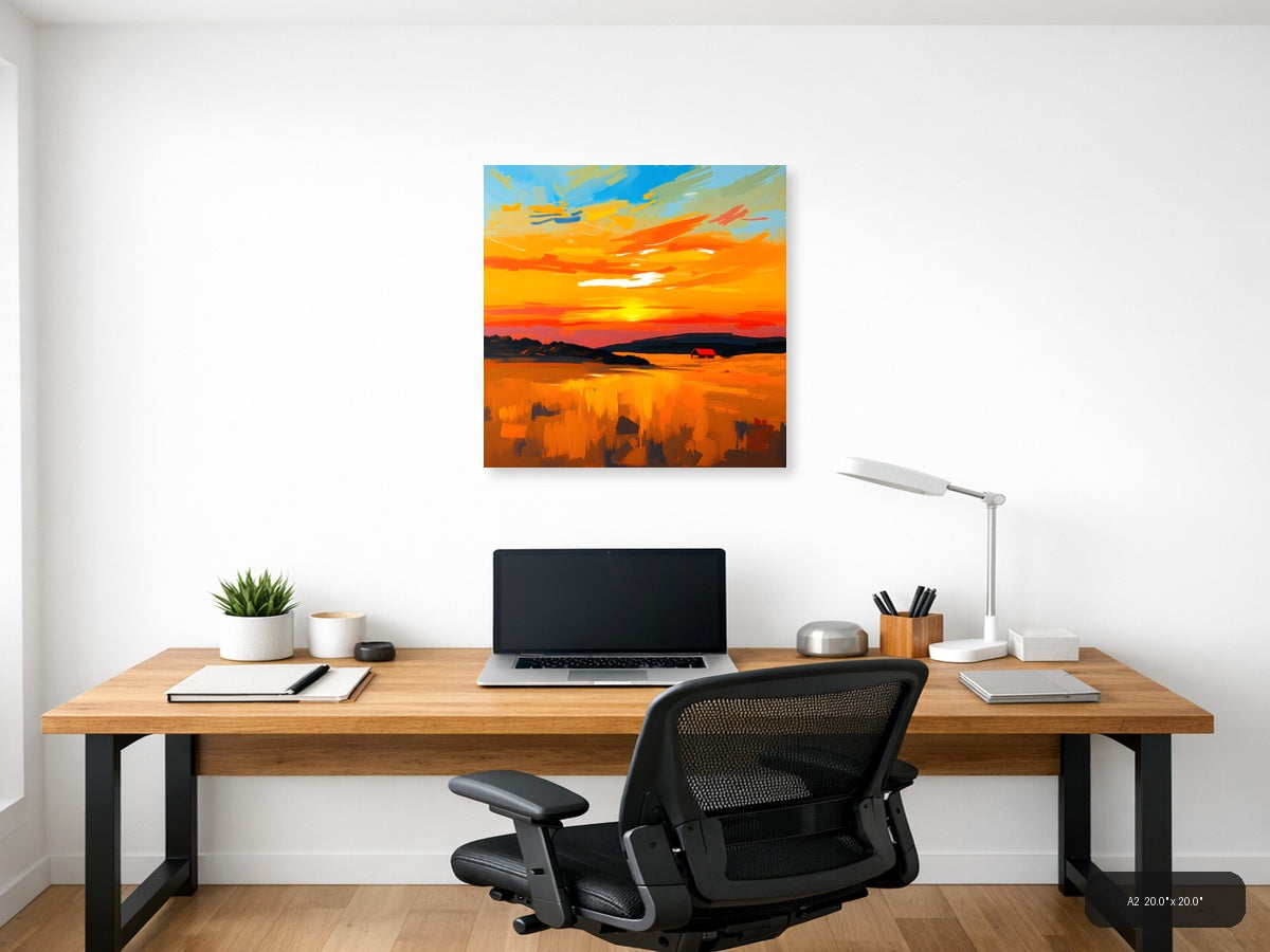 Abstract Sunset Landscape with Red Barn Wall Art — A2 / Office
