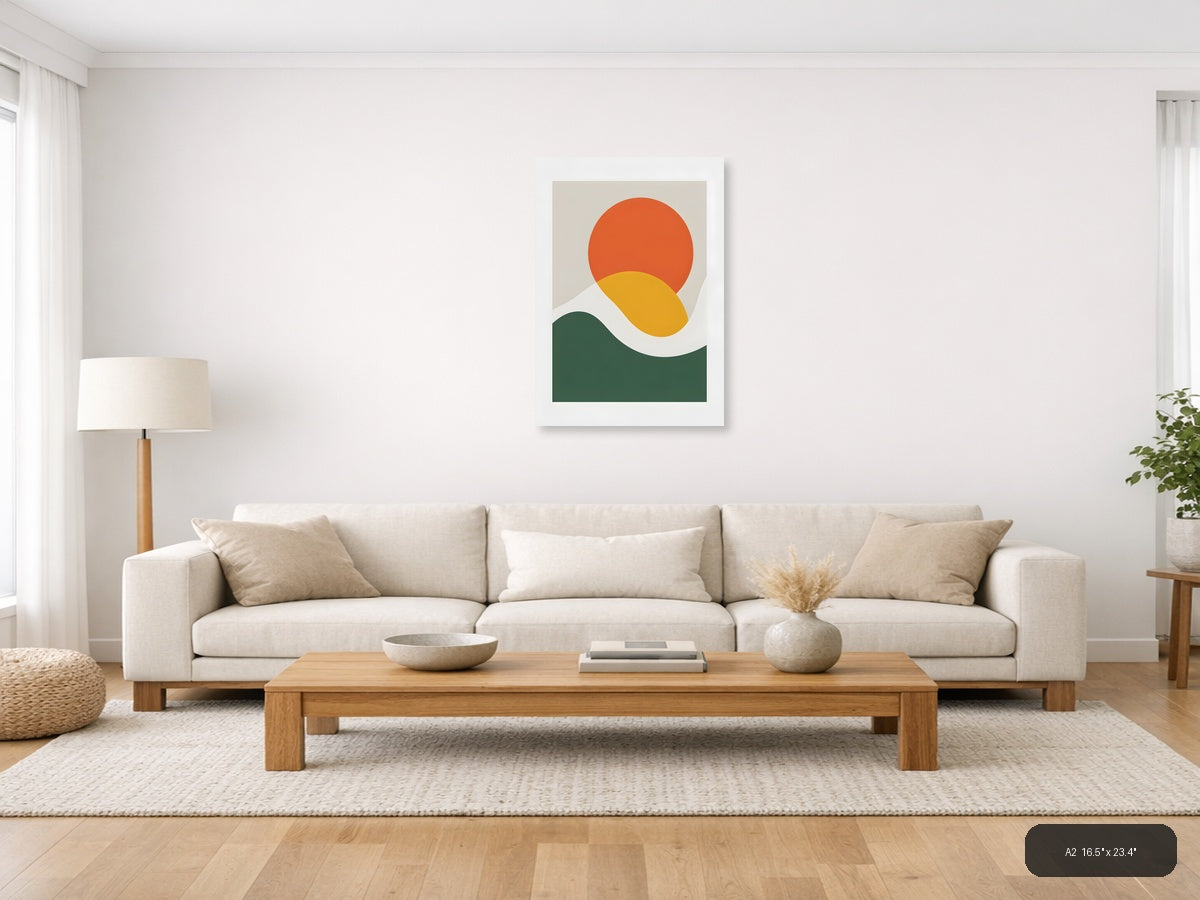 Minimalist Sunset Landscape with Circle and Wave Wall Art — A2 / Living Room