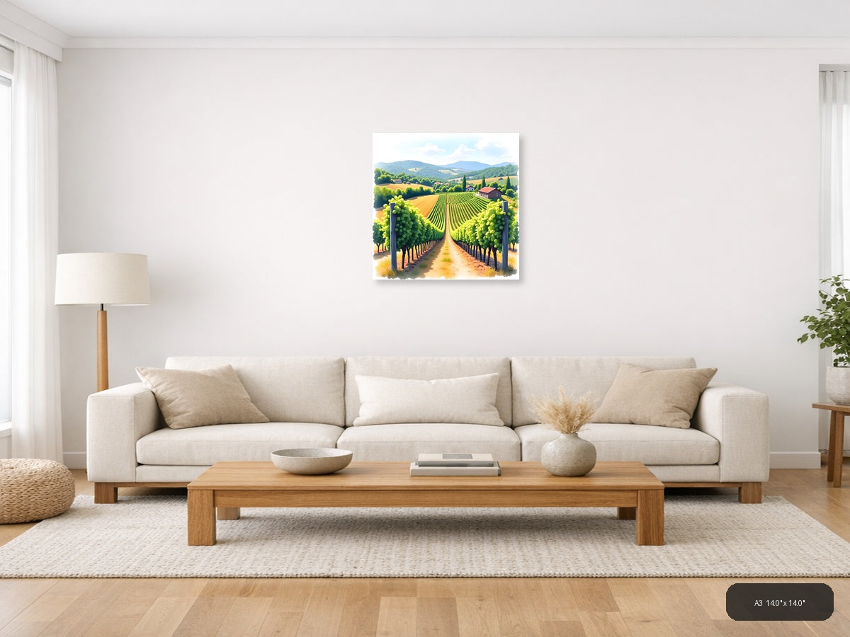 Tuscan Vineyard Landscape Watercolor Wall Art — A3 / Living Room