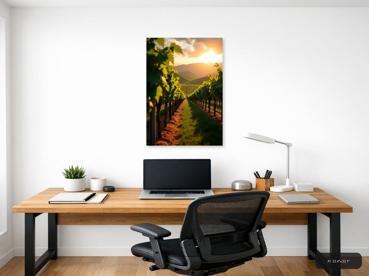 Golden Sunset Vineyard Rows Photography Wall Art — A1 / Office