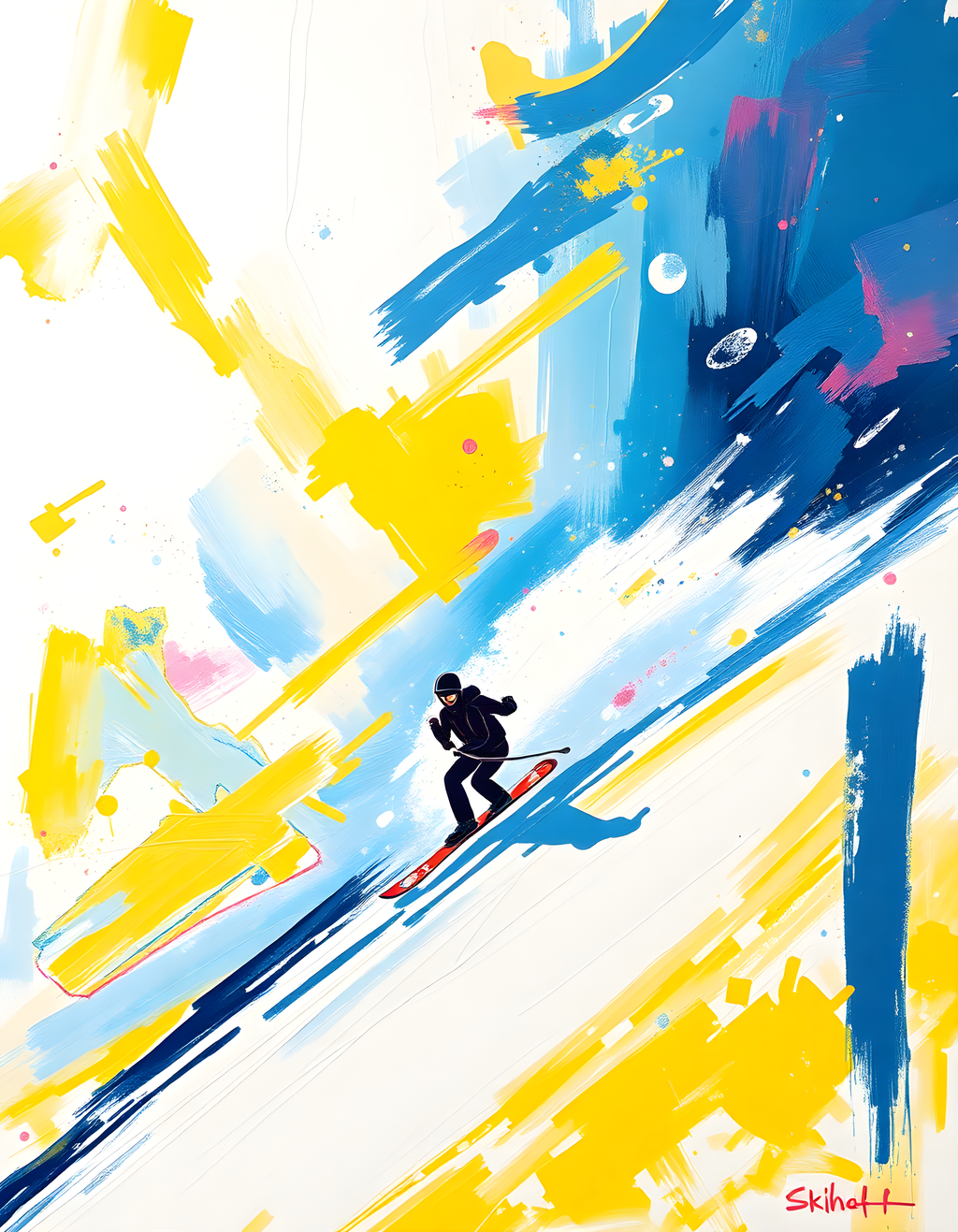 Abstract Skier in Blue & Yellow Strokes Wall Art