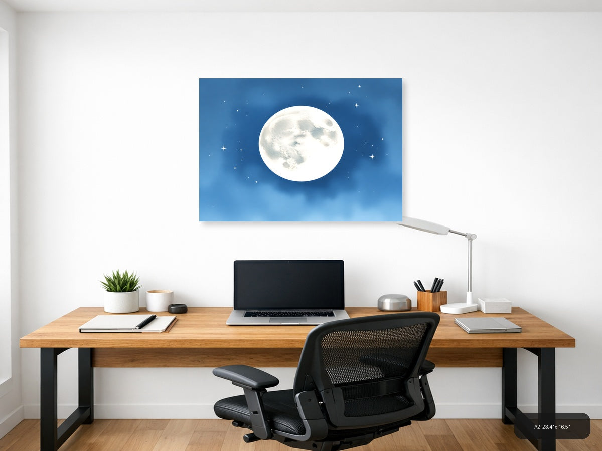 Full Moon Night Sky Watercolor Wall Art — A2 / Office