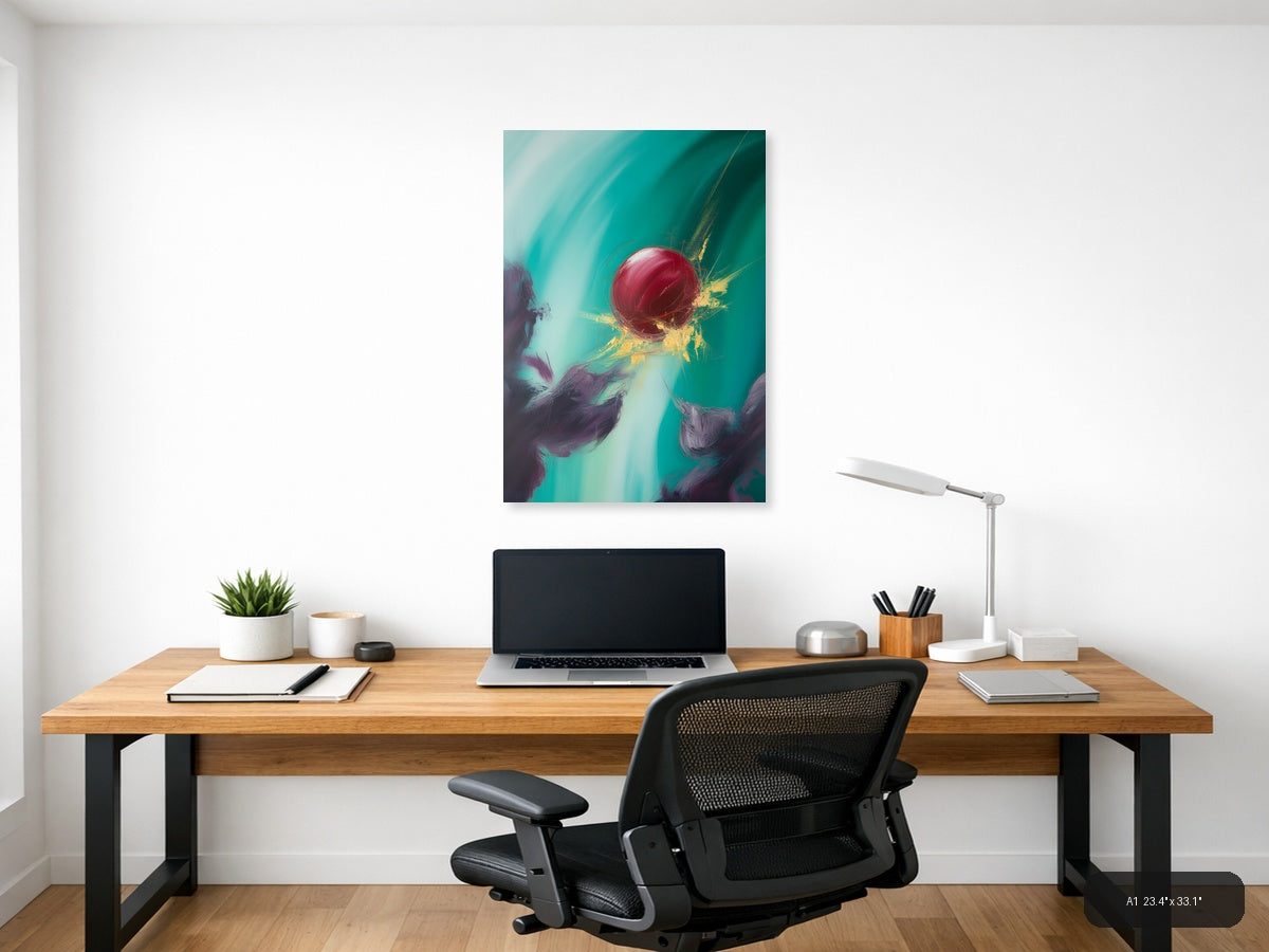Abstract Red Sphere Turquoise Splash Modern Wall Art — A1 / Office