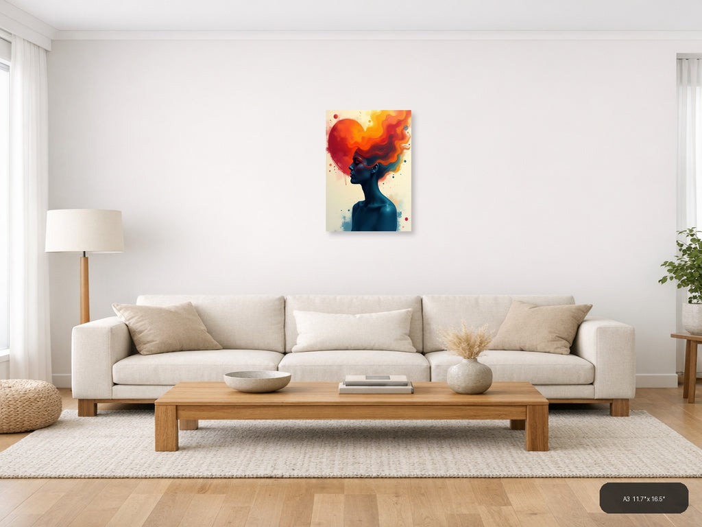 Abstract Silhouette with Flowing Fire Hair Wall Art — A3 / Living Room