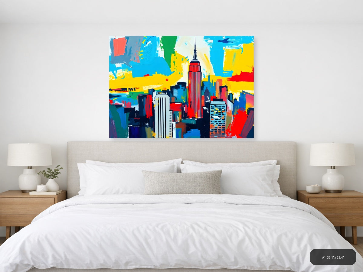 Vibrant Abstract NYC Skyline with Empire State Building Wall Art — A1 / Bedroom