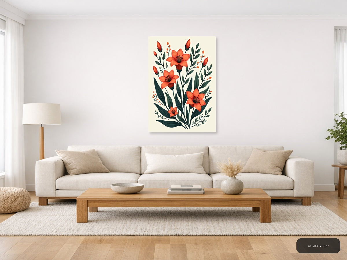 Red Flowers Botanical Illustration Portrait Wall Art — A1 / Living Room