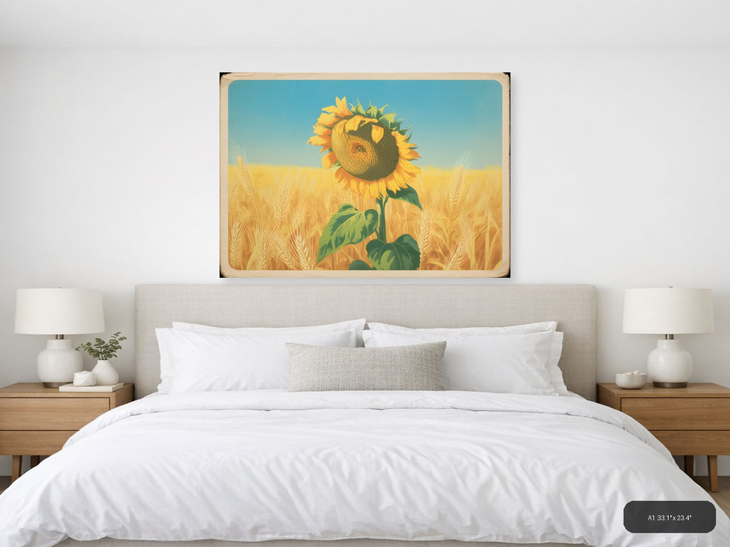 Vintage Sunflower in Wheat Field Landscape Wall Art — A1 / Bedroom