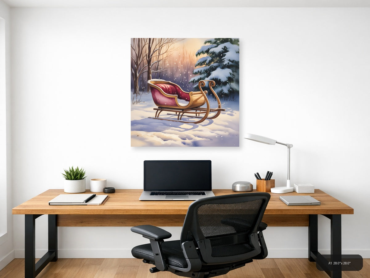 Santa's Sleigh Winter Forest Watercolor Wall Art — A1 / Office