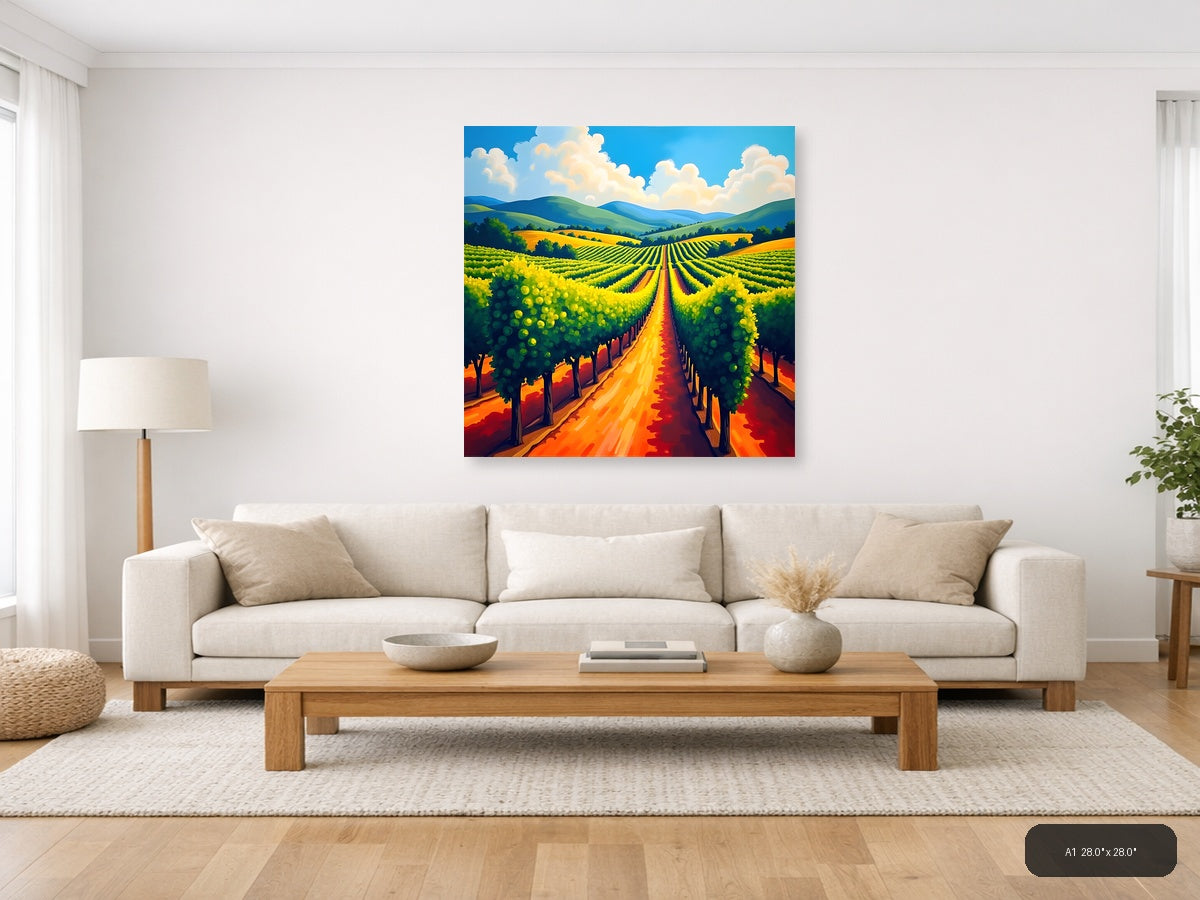 Vibrant Vineyard Rows Abstract Landscape Wall Art — A1 / Living Room