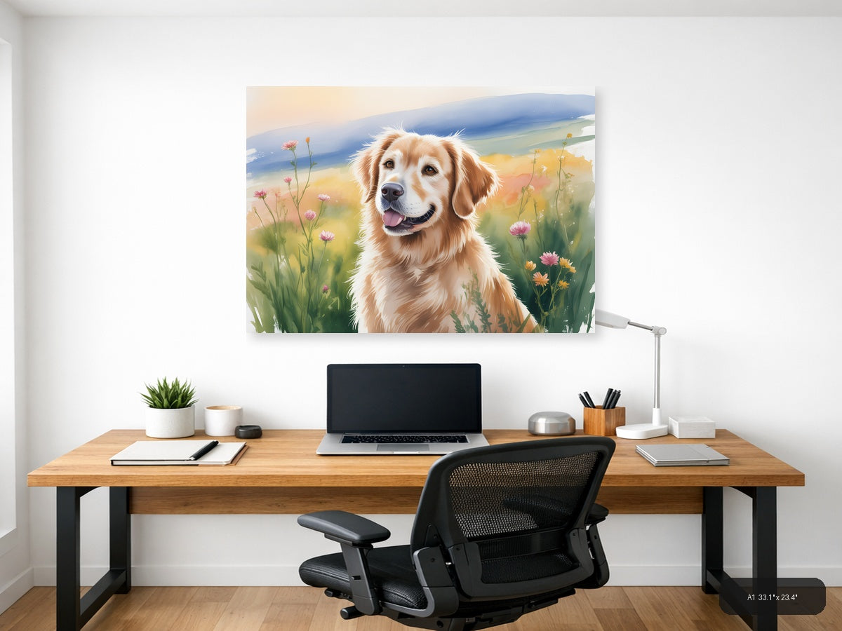 Golden Retriever in Wildflower Meadow Watercolor Wall Art — A1 / Office