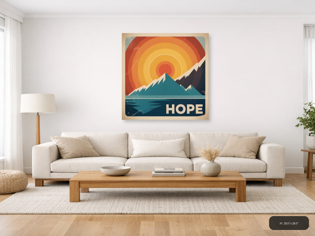 Vintage Retro Mountain Sunrise Hope Wall Art — A1 / Living Room