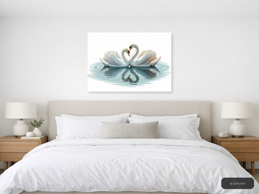 Two White Swans Forming Heart Minimalist Wall Art — A2 / Bedroom