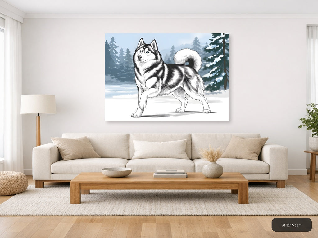 Husky Dog Line Art Winter Forest Landscape Wall Art — A1 / Living Room
