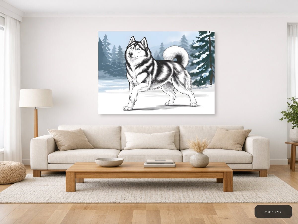 Husky Dog Line Art Winter Forest Landscape Wall Art — A1 / Living Room