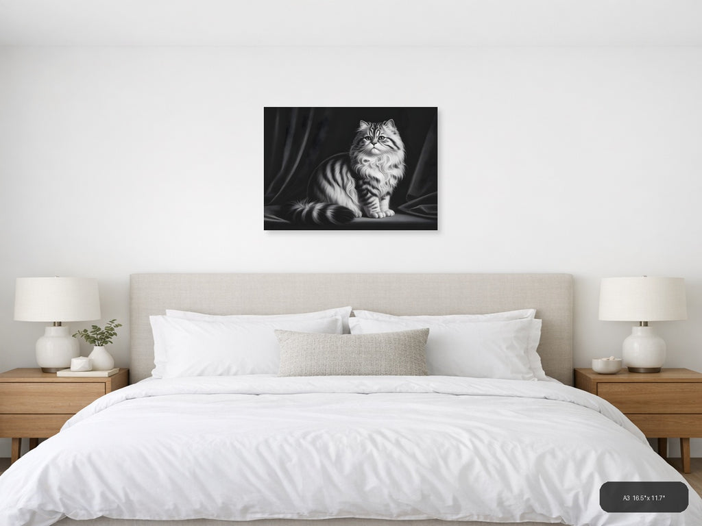 Fluffy Tabby Cat Black and White Photography Wall Art — A3 / Bedroom
