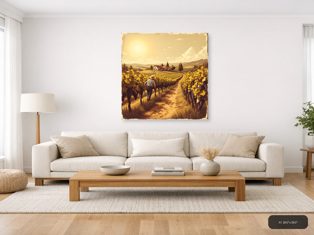 Vintage Vineyard Harvest Farmer Walking Path Wall Art — A1 / Living Room