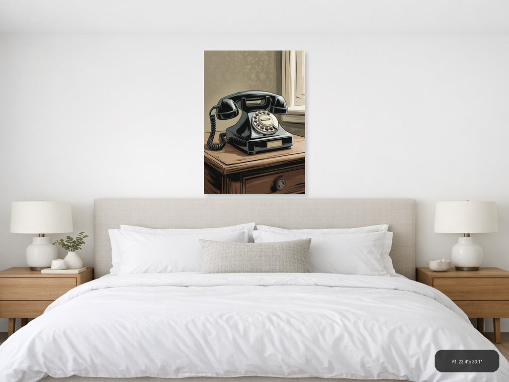 Vintage Rotary Telephone Illustration Wall Art — A1 / Bedroom
